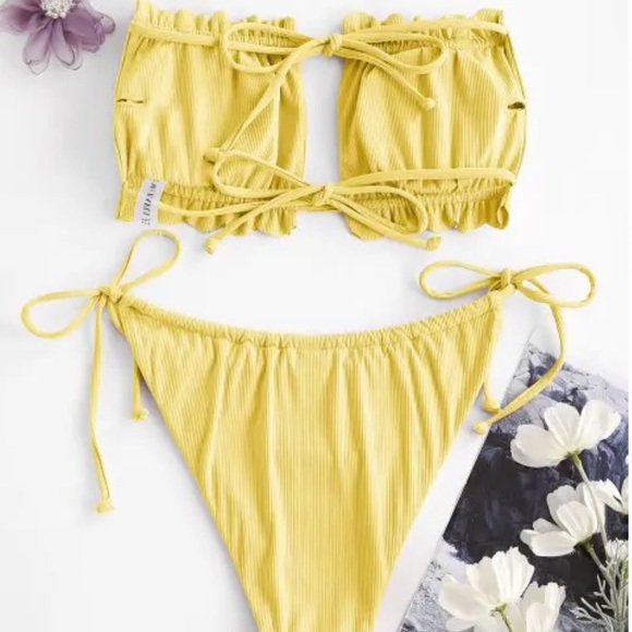 NWT Zaful Yellow Strapless Ribbed Tie Back Ruffle Bikini - Picture 8 of 8